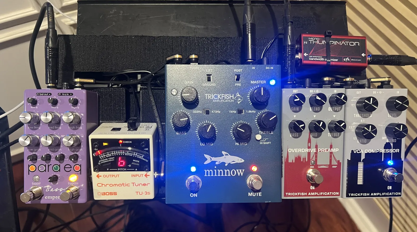 Russ's pedalboard rig that stands in for a bass amp