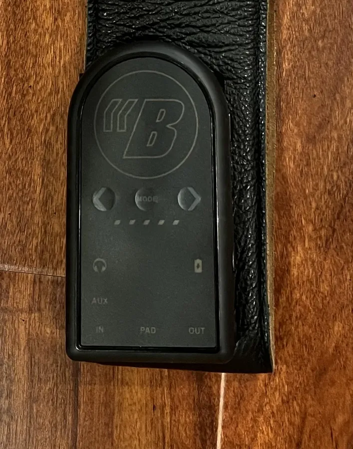 A BackBeat G2 wearable bass transducer in its leather case