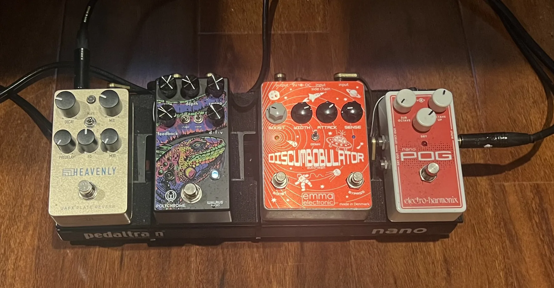 Pedaltrain Nano effects board holding, left to right, a UAFX Heavenly plate reverb, a Walrus Polychrome flanger, an Emma DiscumBOBulator auto-wah, and an Electro-Harmonix Nano POG octave