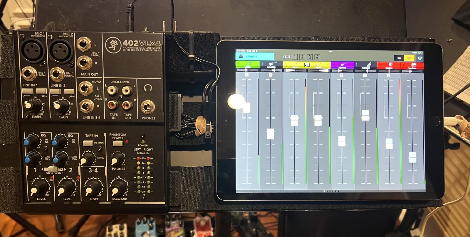 A Mackie 402VLZ4 mixer and an iPad for the personal monitor mix