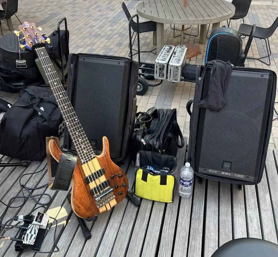 Russ's bass and an RCF speaker at a waterfront gig