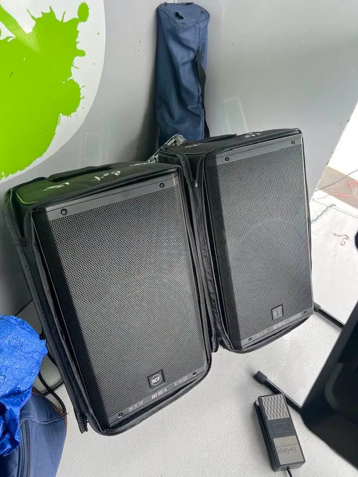 Russ's RCF powered speakers set up at a gig