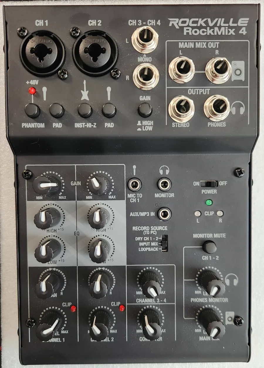 Russ's Rockville RockMix 4 USB mixer, top view — the RECORD SOURCE (TO PC) switch is visible on the right